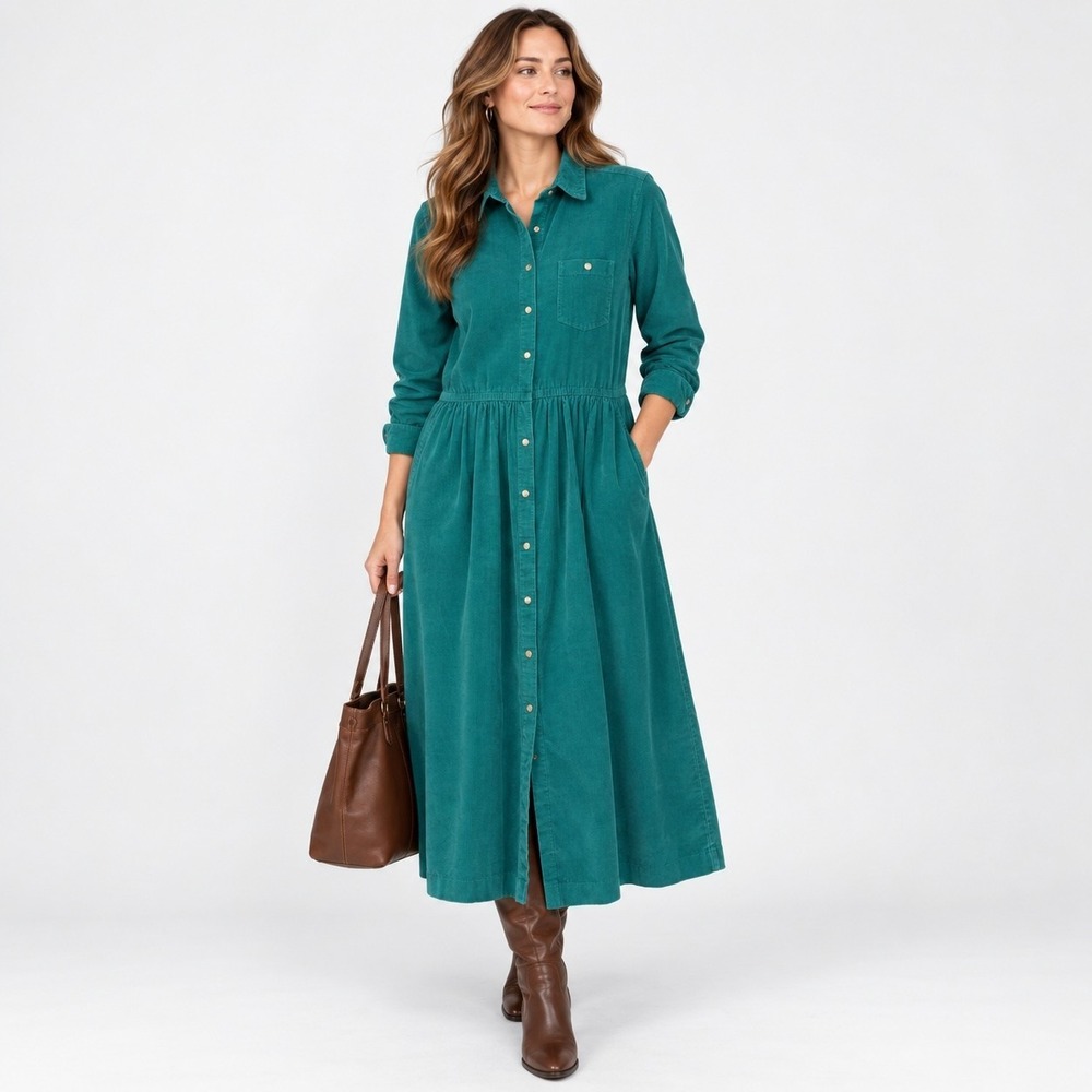 Vintage 90s Eddie Bauer Corduroy Midi Shirt Dress Womens M Green Pockets Fall